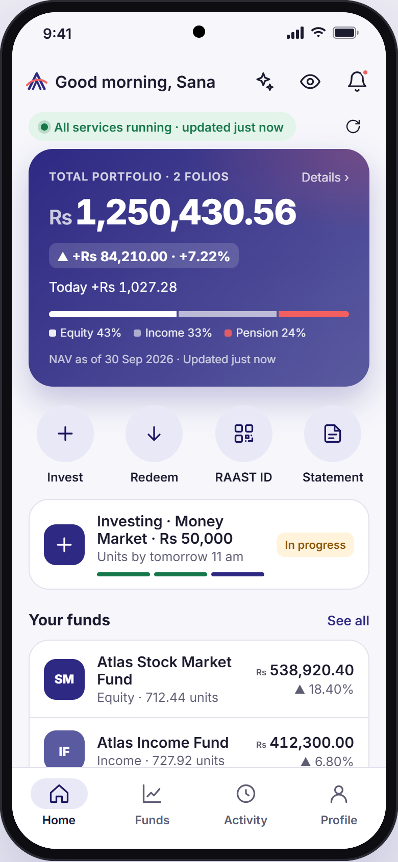 Redesigned Atlas Invest portfolio home with fictional sample data