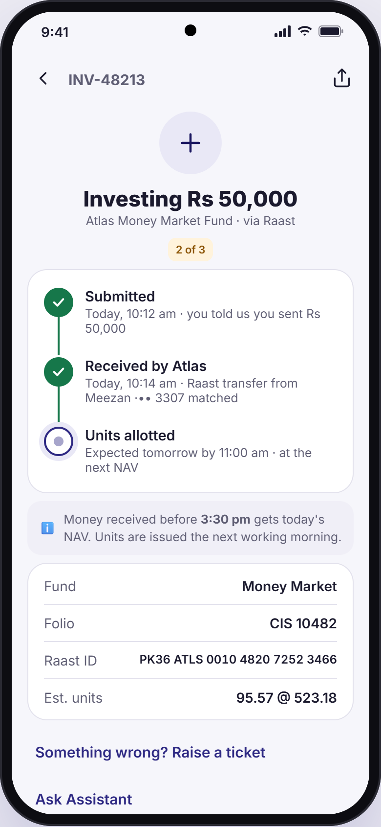 Concept investment tracker with a clear three-step progress timeline